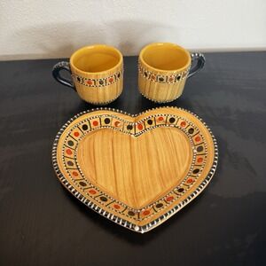 Deruta Italian Pottery Heart Snack Plate And 2 Cups Mugs Textured Paint Stamped